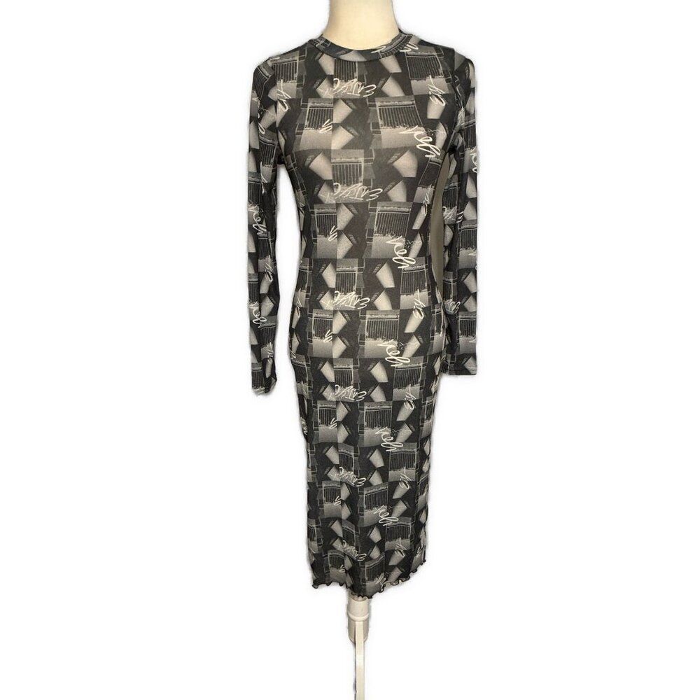 Collusion Asos Bodycon Black Gray White Checked Dress Long Sleeve Midi 6 Small